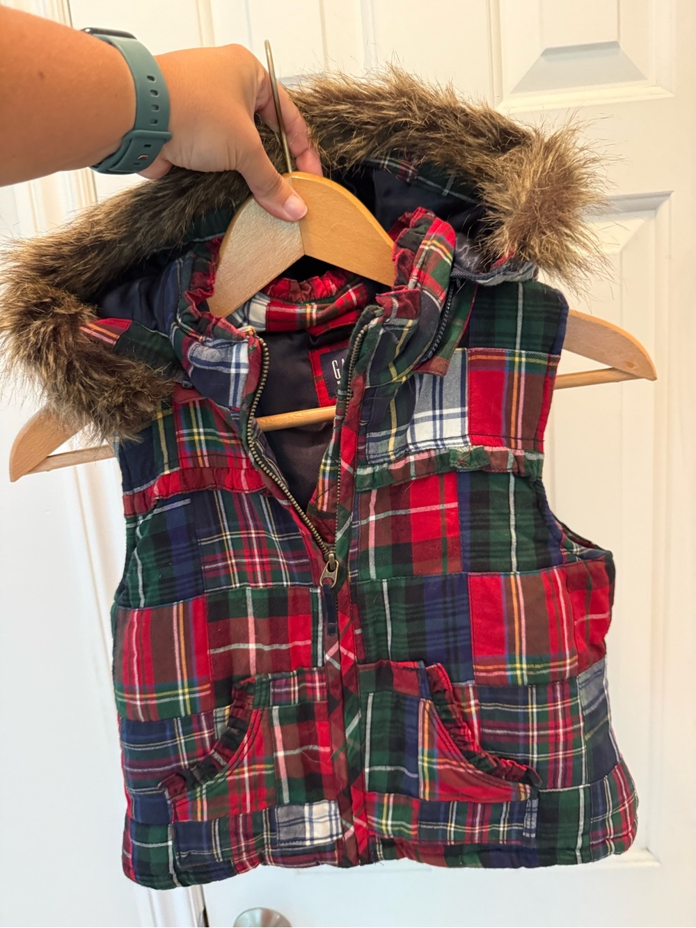 GAP Kids Red and Green puffer Plaid vest